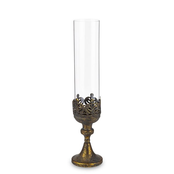 Antīka zelta metāla svečturis tievajai svecei ar stikla kupolu