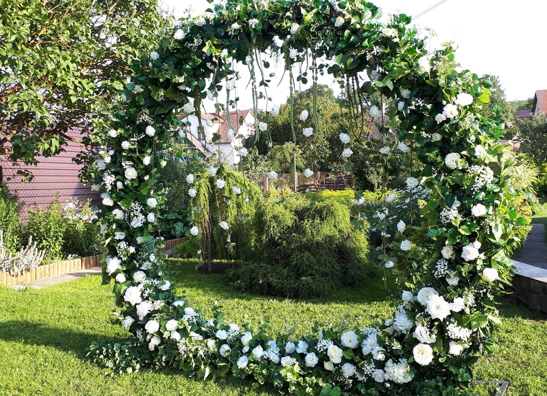 Ceremonijas arka no zaļiem augiem un baltiem ziediem